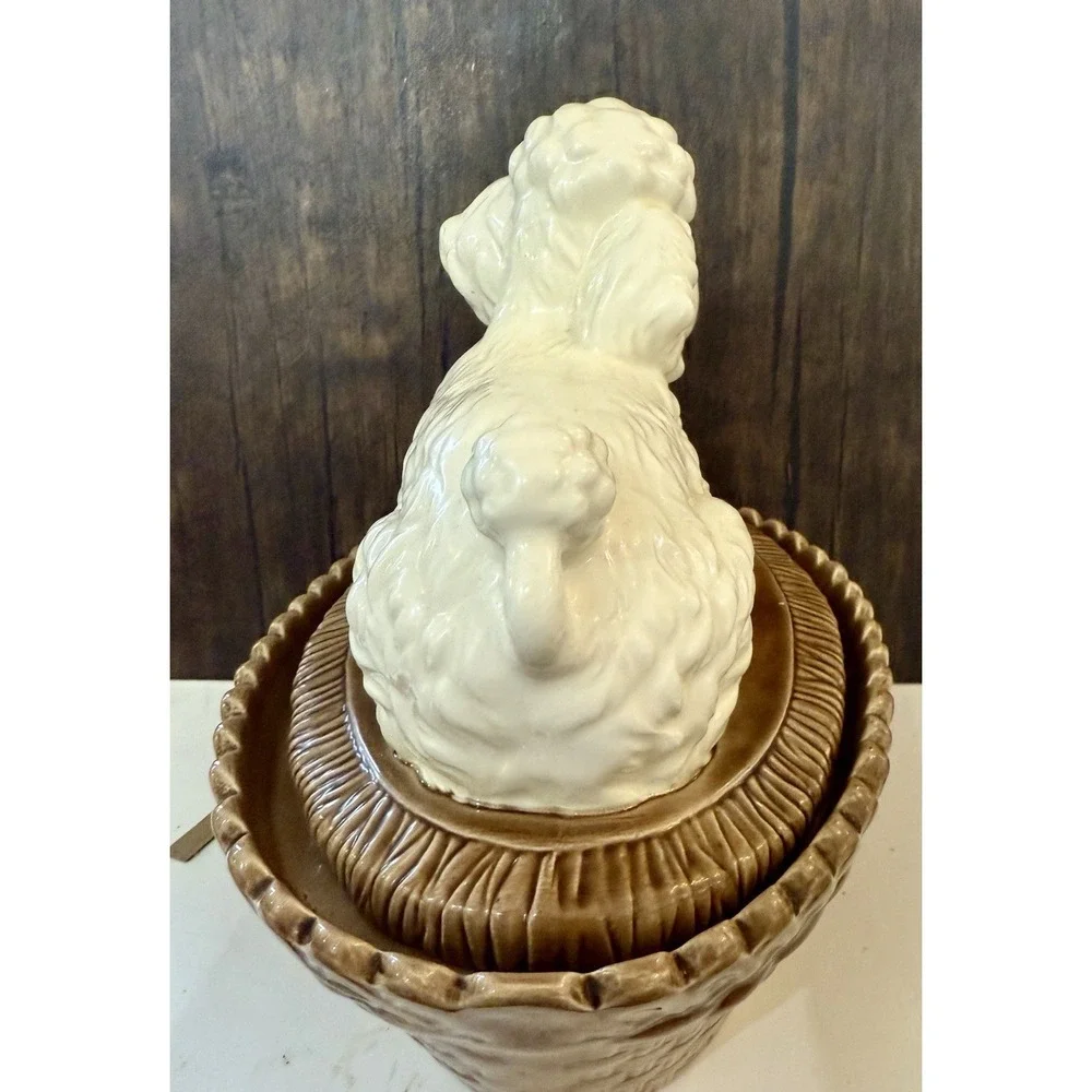 VTG‎ Poodle Dog On Brown Basket Ceramic Cookie Jar Bowl Planter Candy Dish
